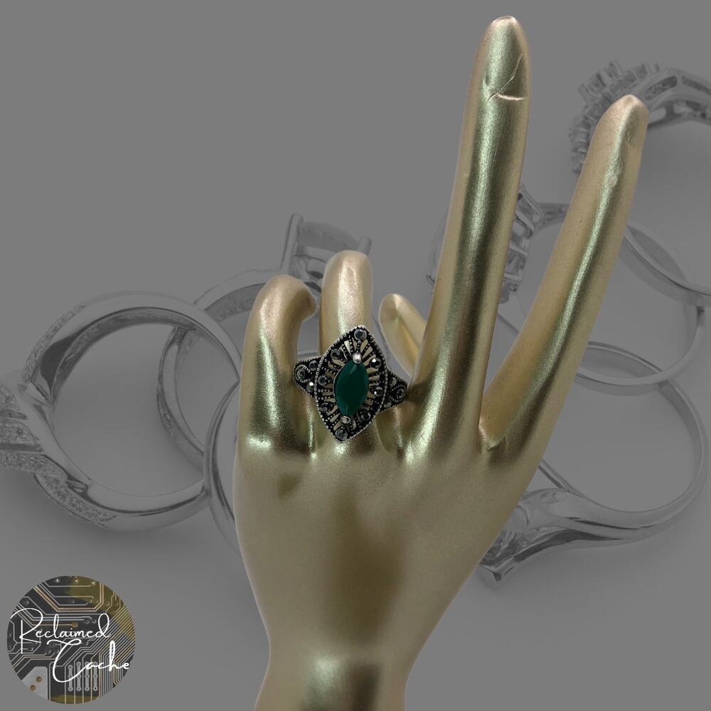 Silver and Green Rhinestone Statement Ring - Size 6.5